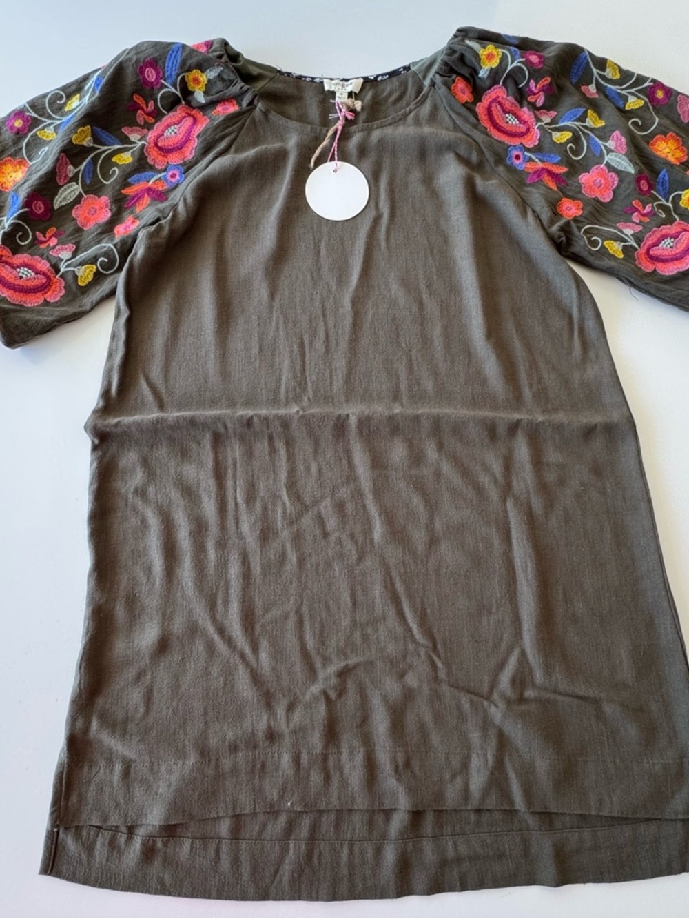 UMGEE Embroidered Sleeve Olive Tunic Dress Pink & Yellow Floral Accents NEW MED